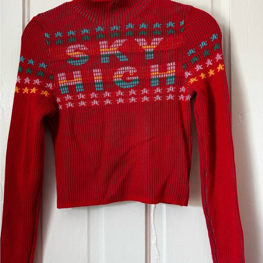 BDG Red Knit Turtleneck Sweater “sky high” in stitching